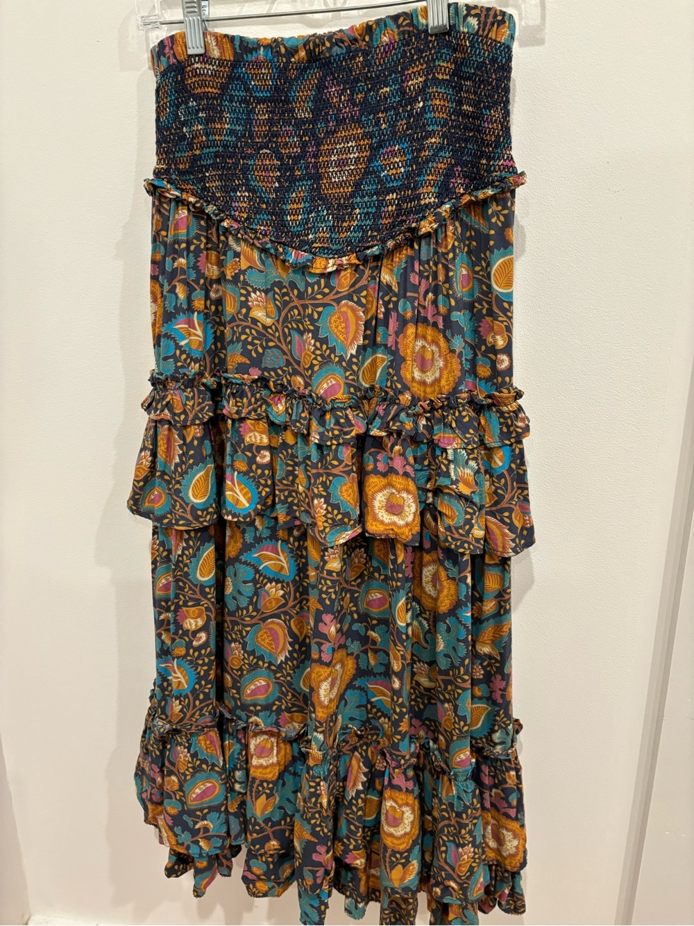 House of Harlow Maxi Skirt Womens Small Smocking Ruffles Bohemian Blue Ochre